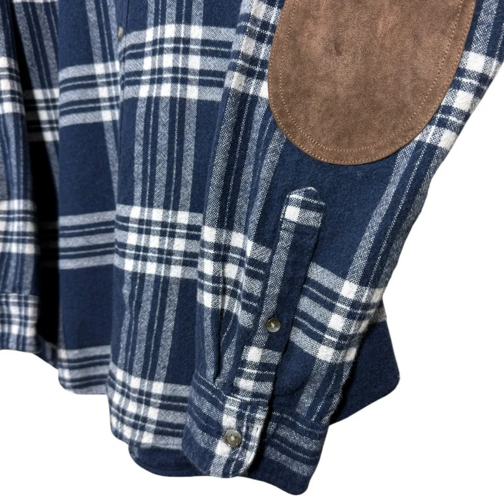 J. Crew Blue And White Plaid Button Down Elbow Patch Flannel Shirt Mens Size XL